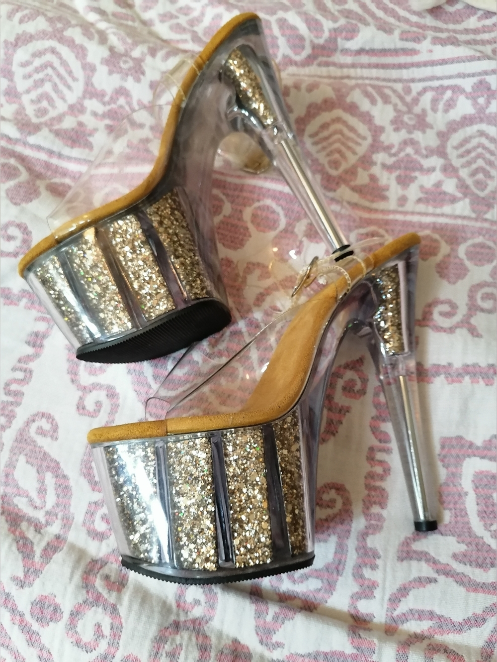 Pleaser gold glitter sandal stillettos dancer heels size 7